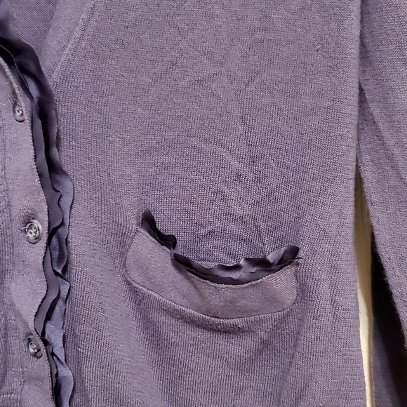 Daisy Fuentes Lavander Chiffon Trim V-neck Button Pocket Cardigan Sweater, PS - Picture 5 of 9